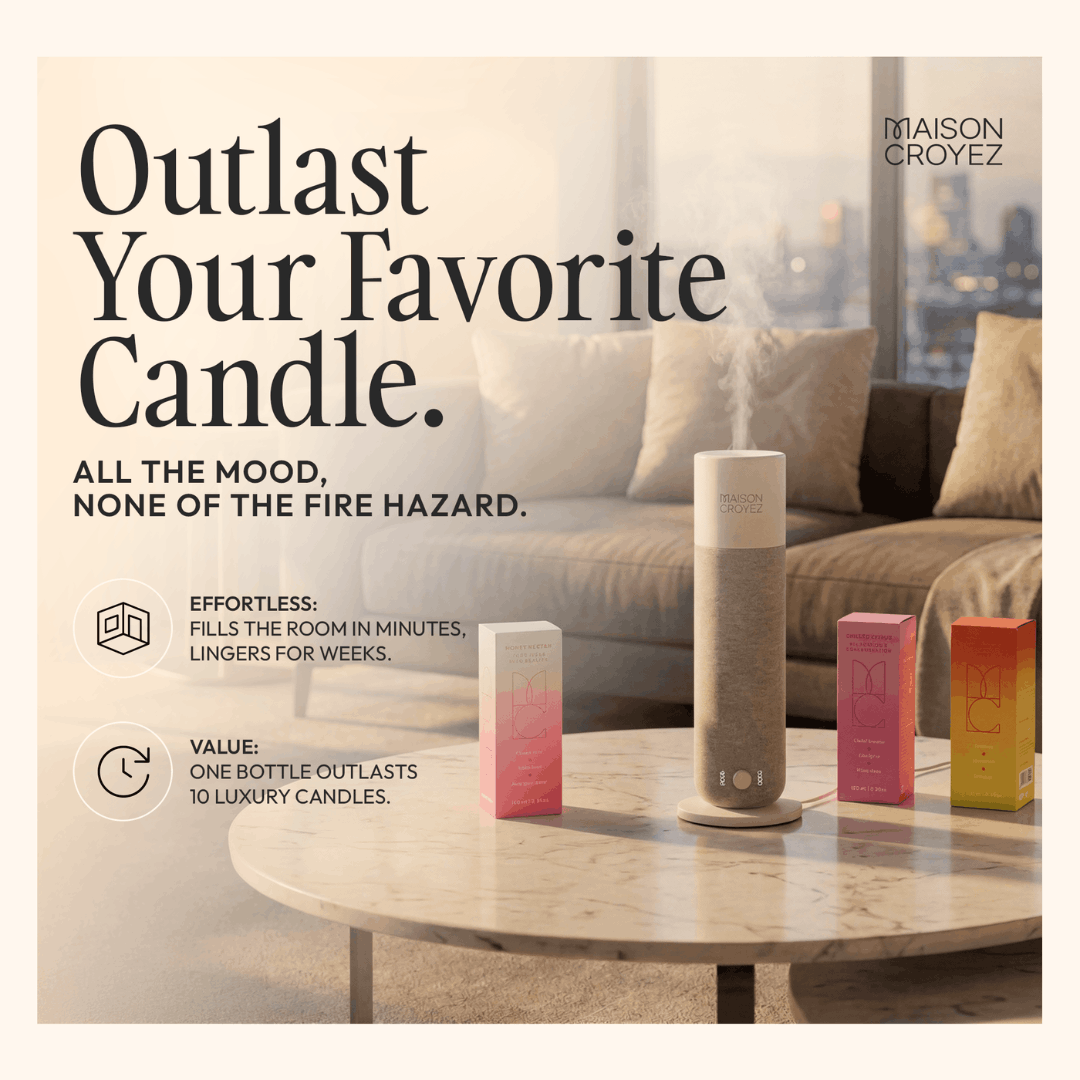 Maison Croyez diffuser emitting fragrance in a luxury living room with consistent room-filling coverage