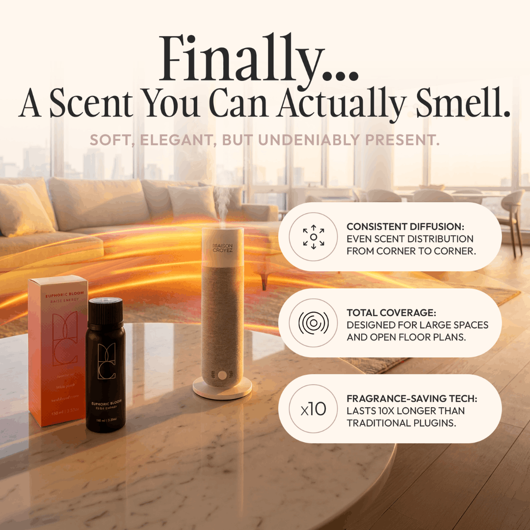 Maison Croyez packaging styled in soft light room filling fragrance designed to linger