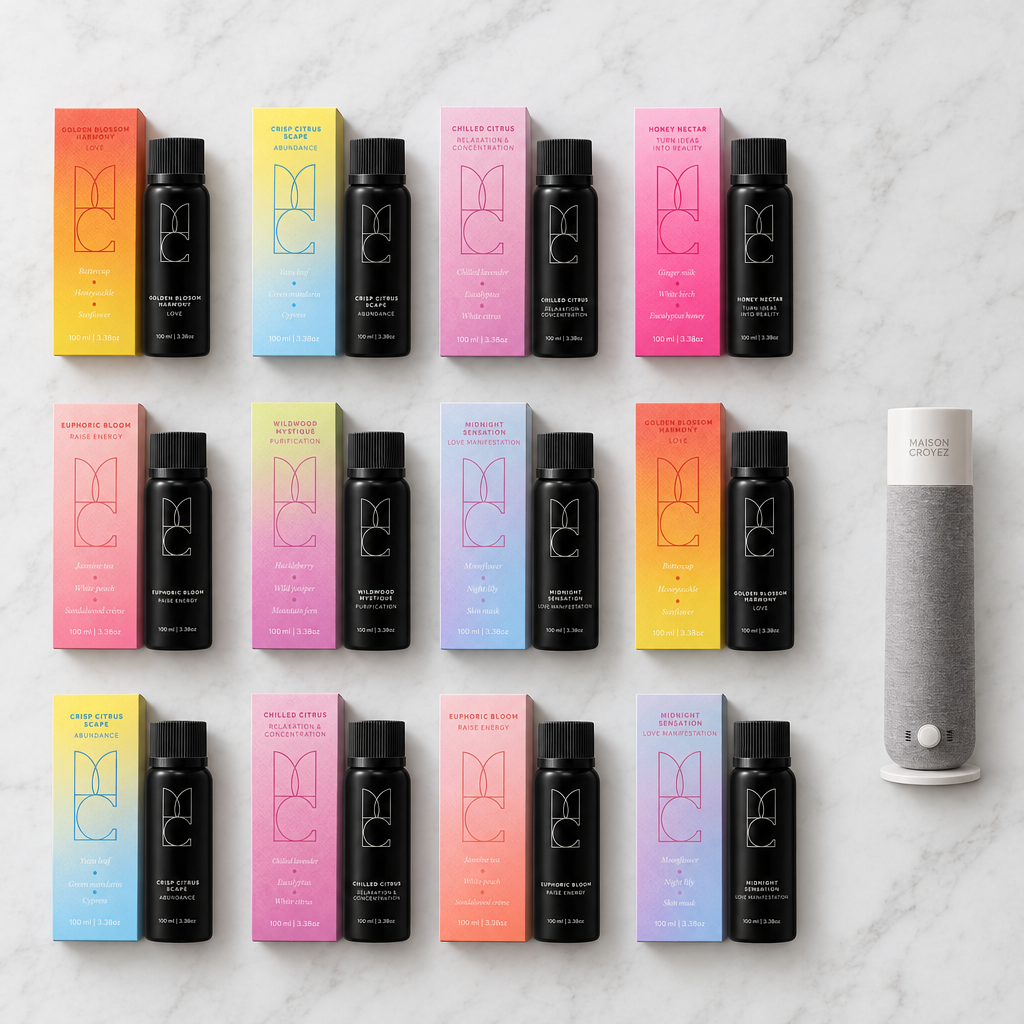 12-Month Scent Supply: twelve Maison Croyez fragrance bottles with their boxes and one free diffuser