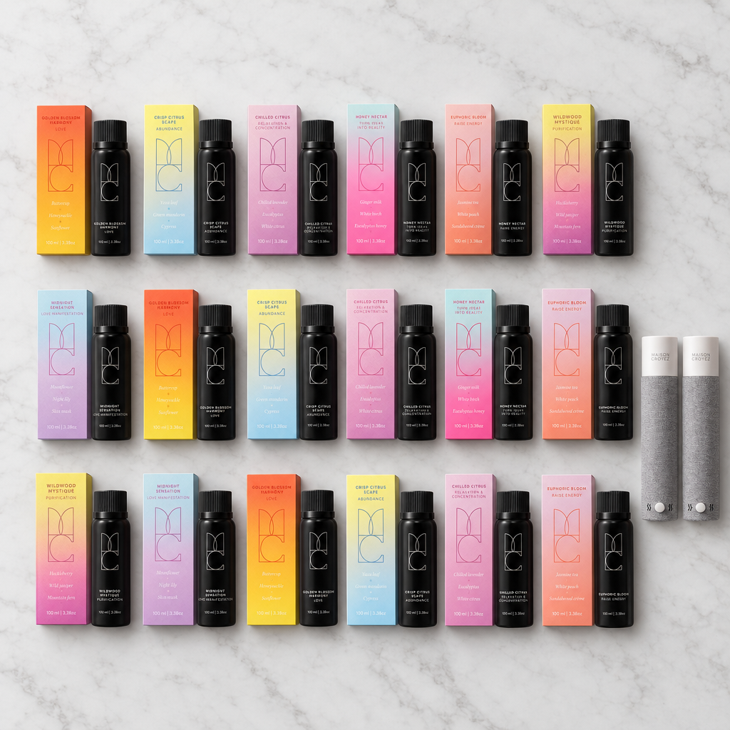 18-Month Scent Supply: eighteen Maison Croyez fragrance bottles with their boxes and two free diffusers